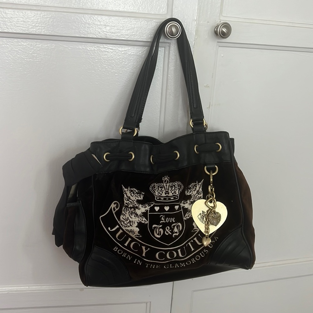 Juicy Couture Black Brown Scottie Daydreamer Bag Handbag Purse Tote Gold Cream